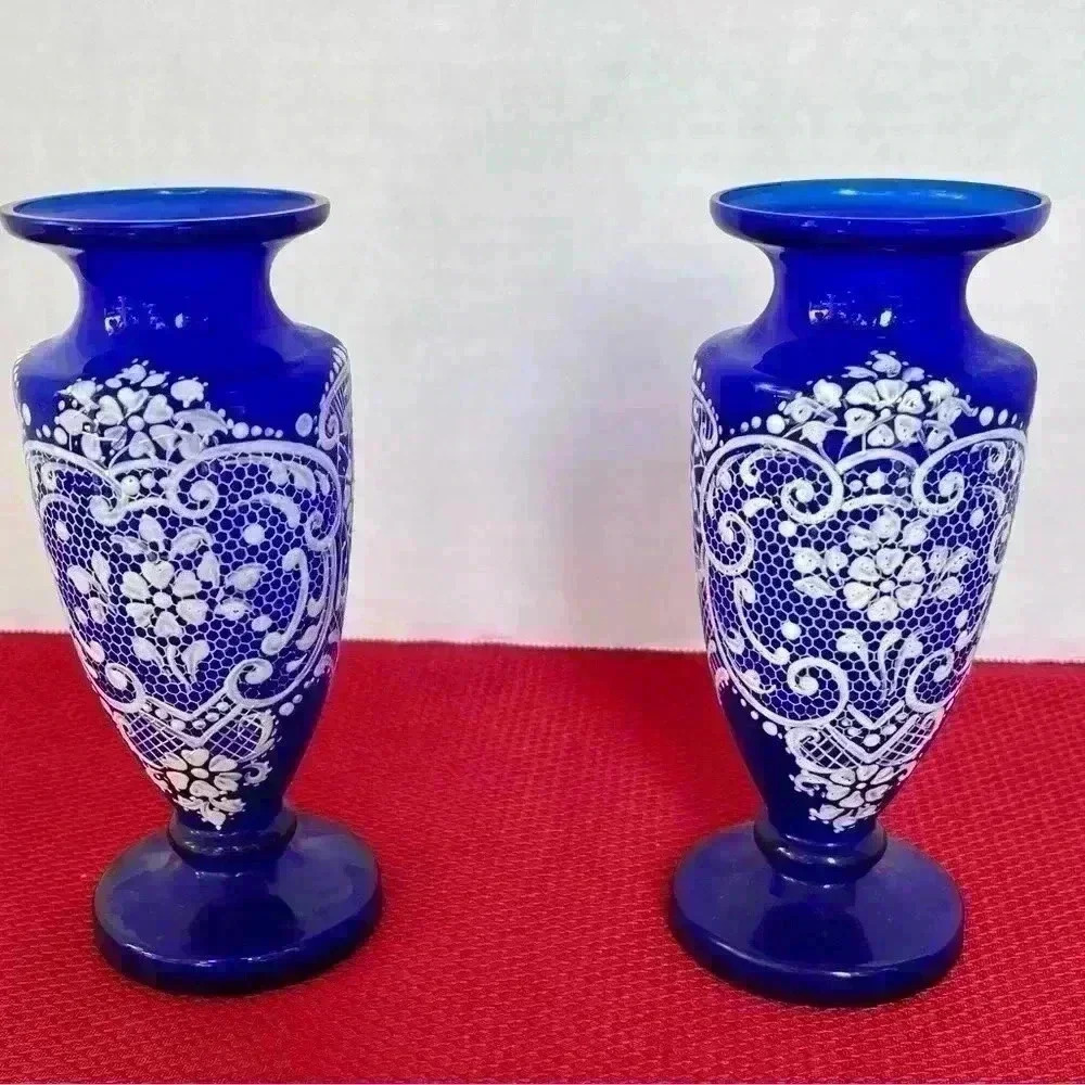 Gorgeous Vintage Cobalt Blue Glass Vases w/ Enamel Painted Lace Design set of 2